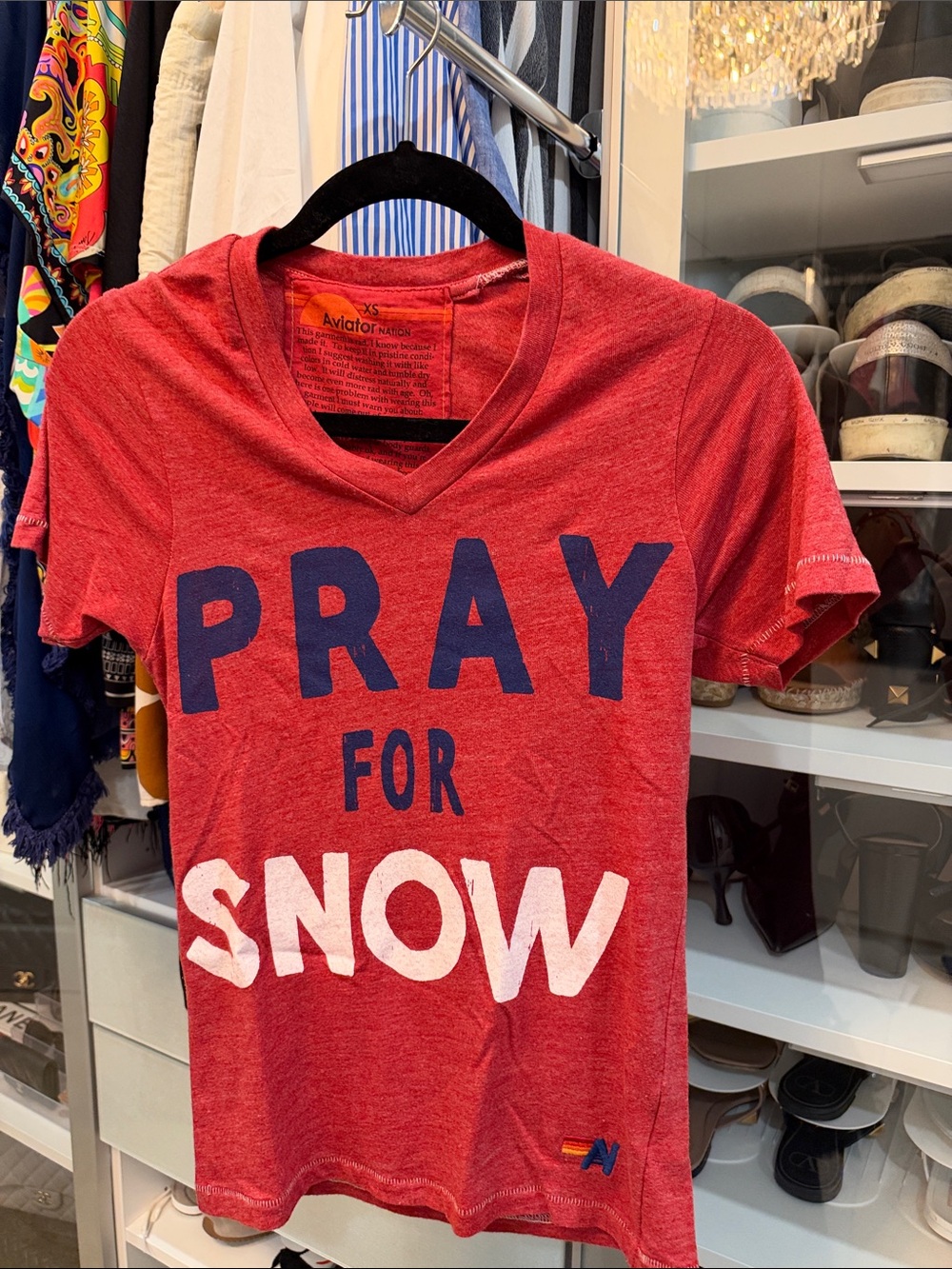 Aviator Nation Red V-Neck 'Pray For Snow' Tee with Navy & White Graphics